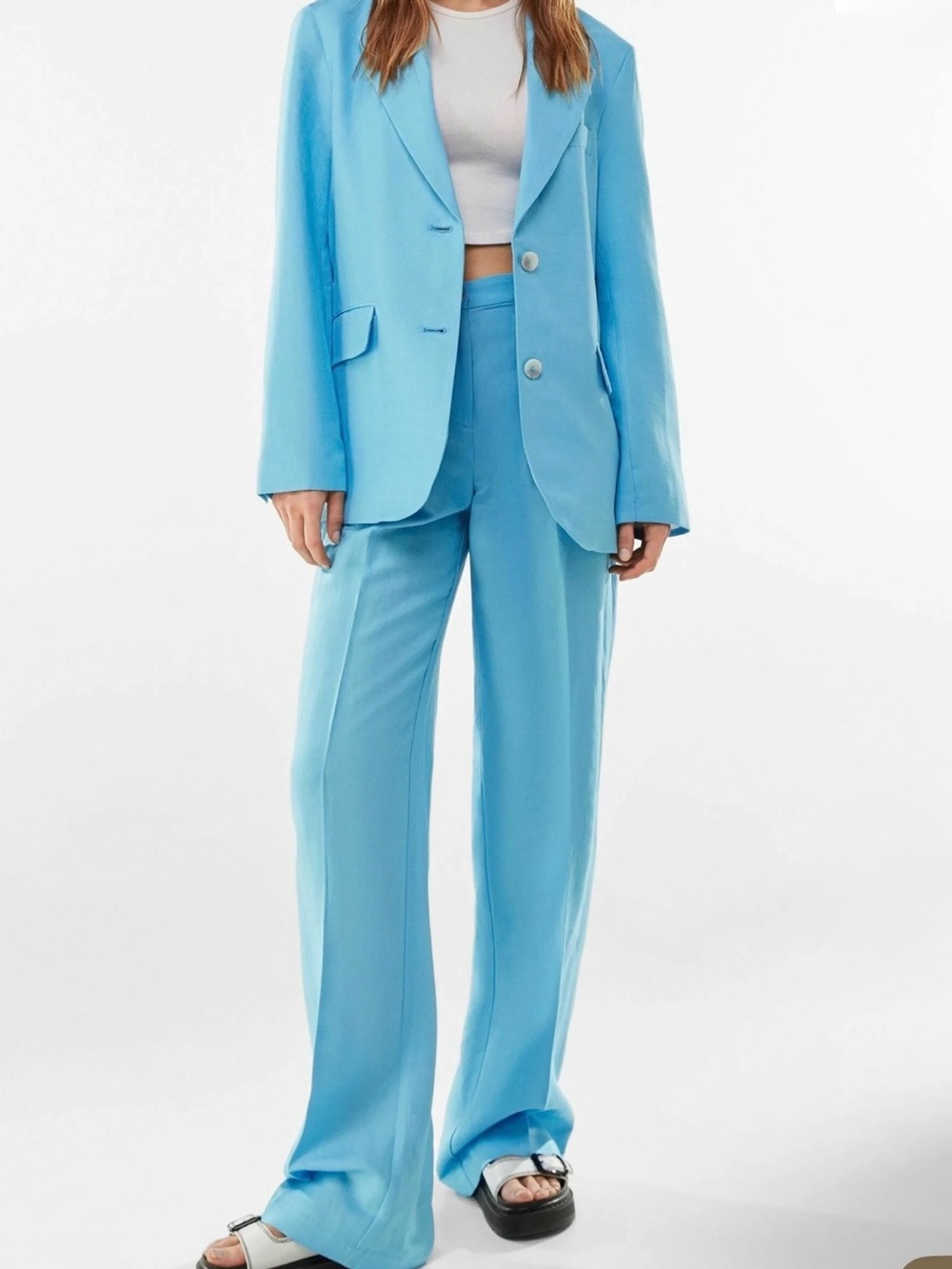 Bershka linen Sky Blue Wide-Leg Suit Pants and jacket
